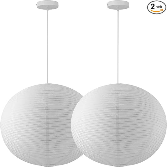 Large Rice Paper Pendant Light 2 Pack, 23.6in White Globe Paper Lantern Lights, E26 Base, Japanese Hanging Lantern Lamp Japandi Chandelier for Dining Room Bedroom Office Living Room