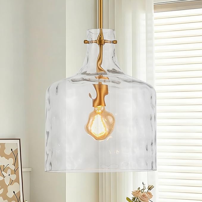 VILUXY Large Modern Glass Pendant Light Fixture Hand-Blown Hammered Glass Shade 1-Light Gold Dome Pendant Lighting for Kitchen Island Dining Room Hallway, UL Listed