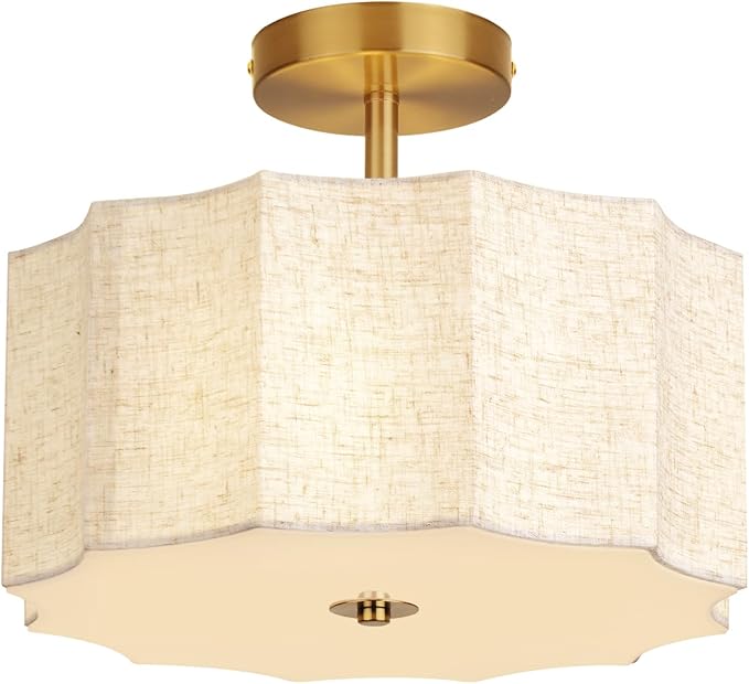 13 Inch Modern Linen Petal Ceiling Light Fixture, Semi Flush Mount Drum Light for Bedroom Kitchen Dining Room Entryway, Fabric Lighting Lamp in Gold for Farmhouse Hallway Closet
