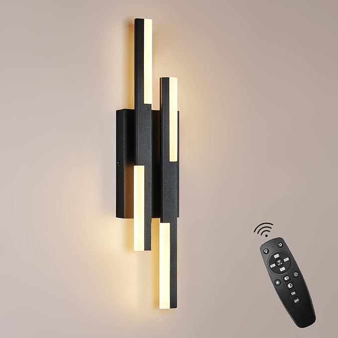 Benkut Modern LED Wall Sconce Black Remote Wall Light Fixtures for Bathroom, Dimmable Vanity Light Indoor LED Remote Wall Sconce for Bedside Bedroom Living Dining Room (1 Pack 3000-6500K 19.7inch)