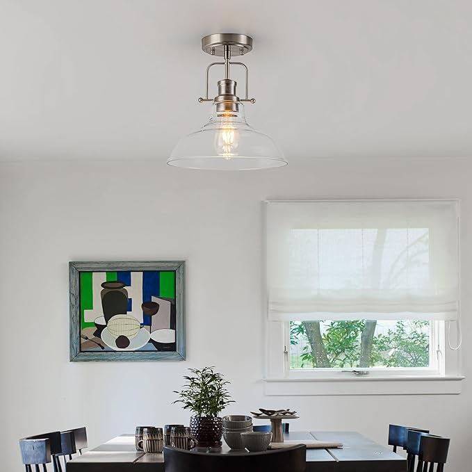 WILON Semi Flush Mount Ceiling Light Fixture, Brushed Nickel Farmhouse Light Fixtures with Clear Glass Shade, Modern Vintage Ceiling Lamp for Kitchen Island Sink Foyer Bathroom Entryway Laundry Room
