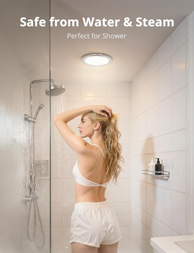 Combuh 4-Pack Battery Powered Motion Sensor Light, 7.48" IP44 Waterproof Shower Lamp Without Wiring, Ultra Thin 3 Colors Adhesive Overhead Lightting for Garage, Bedroom, Kitchen, Portable
