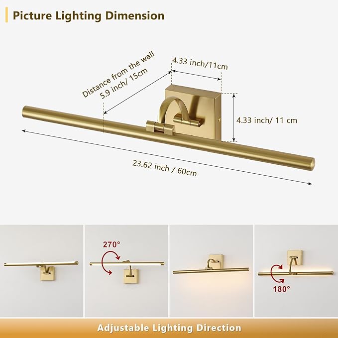 DESOOP Brass Picture Lights for Wall Hardwired LED Picture Frame Light Dimmable Painting Lights for Wall Portrait Artwork 23.62 inch 14W Warm White