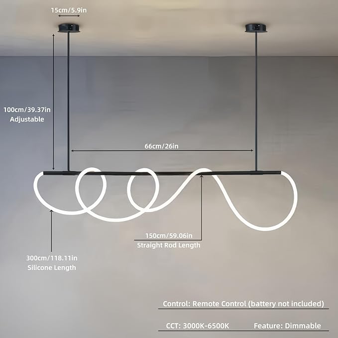 59" Dining Room Light Fixture, 31W LED Dimmable Chandelier with Remote Control, Linear DIY Pendant Lights Kitchen Island, Hanging Light Fixture for Bar (Black, 59 in)