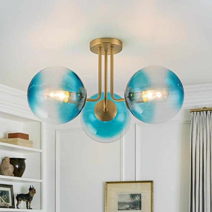 Lingkai Brass Gold Semi Flush Mount Ceiling Light,3-Lights Mid Century Modern Light Fixtures Ceiling Globe Glass Gold Sputnik Chandelier with Gradient Blue Shade for Living Room Bedroom Hallway