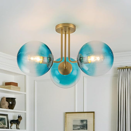 Lingkai Brass Gold Semi Flush Mount Ceiling Light,3-Lights Mid Century Modern Light Fixtures Ceiling Globe Glass Gold Sputnik Chandelier with Gradient Blue Shade for Living Room Bedroom Hallway