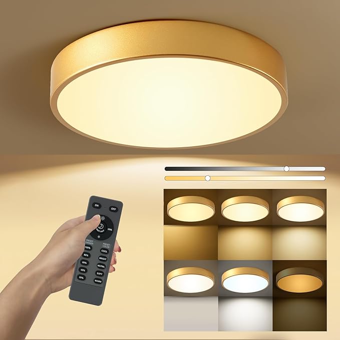 Gold Flush Mount Ceiling Light 15 inch LED Dimmable Ceiling Lamp Remote Control 36W 5CCT(2700K-5000K) Bedroom Lamp Light Fixture for Living Room Study Room Home Office Conference Room