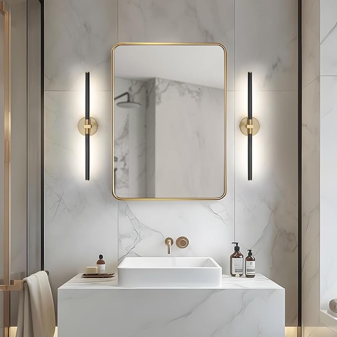 2026 Upgrade Black and Gold Vanity Light, 18W Brighter 24" Gold Bathroom Light Fixtures Linear Modern LED Bathroom Vanity Lighting Fixtures Over Mirror Light Bar Sconce, 360° Rotable 4000K CRI 90+