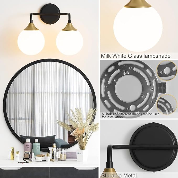Black Gold Bathroom Light Fixtures, Modern Vanity Lighting Over Mirror, Mid Century Modern Matte Black Wall Sconce 2-Light with Milky White Glass Ball Shades