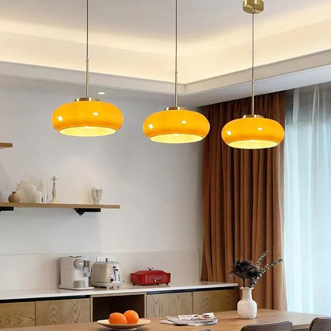 Orange Pendant Light - Glass Hanging Lamp Gold Brass 1-Light Kitchen Island Pendant Lights Fixture Mid Century Modern Ceiling Hanging Lighting with 11 ″ Dome Shade for Dining Room