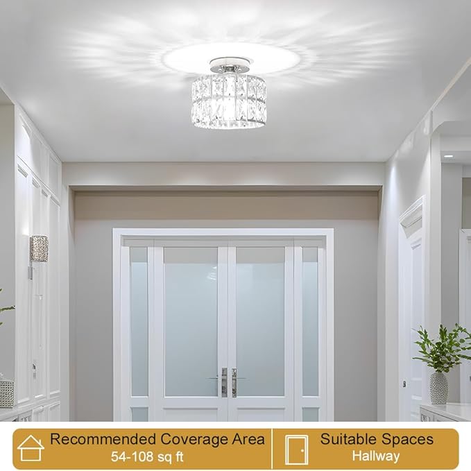 Crystal Ceiling Light Fixture, Modern Chrome Crystal Chandelier, Small Semi Flush Mount Ceiling Lighting, Round Hallway Lighting for Kitchen Entryway Bedroom Bathroom, 1-Light, 8.8 Inch
