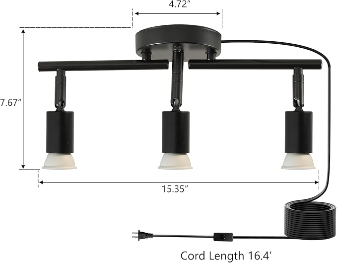 3 Light Black Plug in Track Light White Plug in Ceiling Lighting Fixture with 16.4' Long Cord,3 Way Ceiling Spotlight,Rotatable Wall Mount Light Head