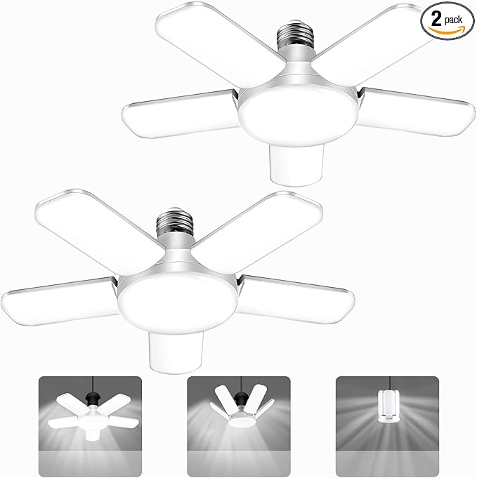 LED Garage Lights, 80W LED Garage Ceiling Lights with 5 Deformable Panels, 8000LM LED Shop Lights for Garage E26/E27 LED Light Bulbs for Garage, Workshop, Warehouse (2 Packs)
