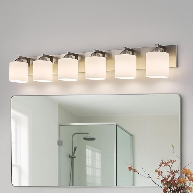 mirrea 44-Inch 6-Light Brushed Nickel Vanity Lights for Bathroom, Vanity Lighting Fixtures with Etched White Glass Shades