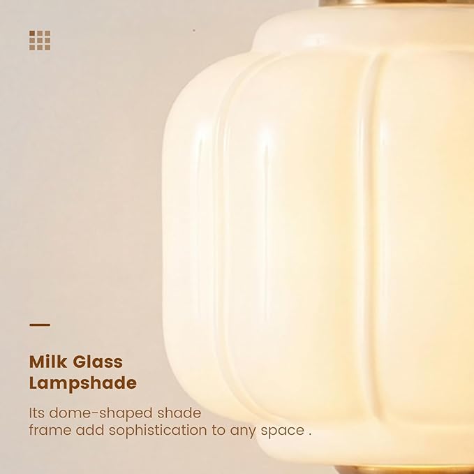 Milk Glass Ceiling Light Fixture - Antique Brass Semi Flush Mount Pendant Light for Kitchen, Hallway, and Bedroom (White, 9 inch)