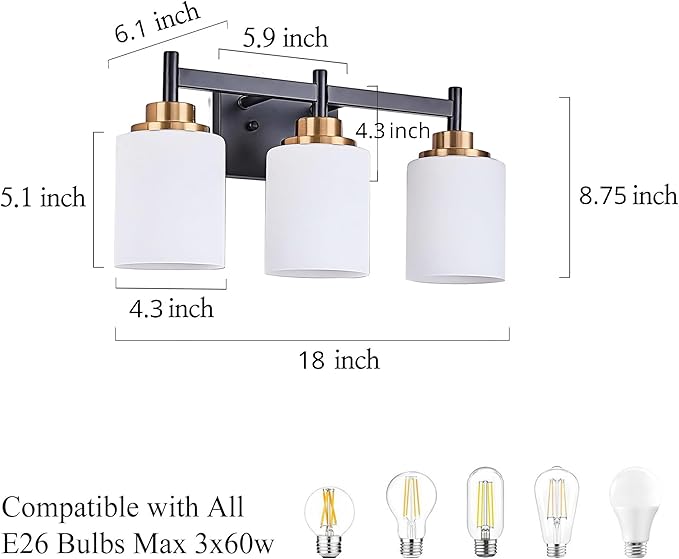 18-Inch Bathroom Vanity Light, 3-Light Black Gold Wall Sconce with White Glass Shades, Modern Hardwired Vanity Lighting Fixture