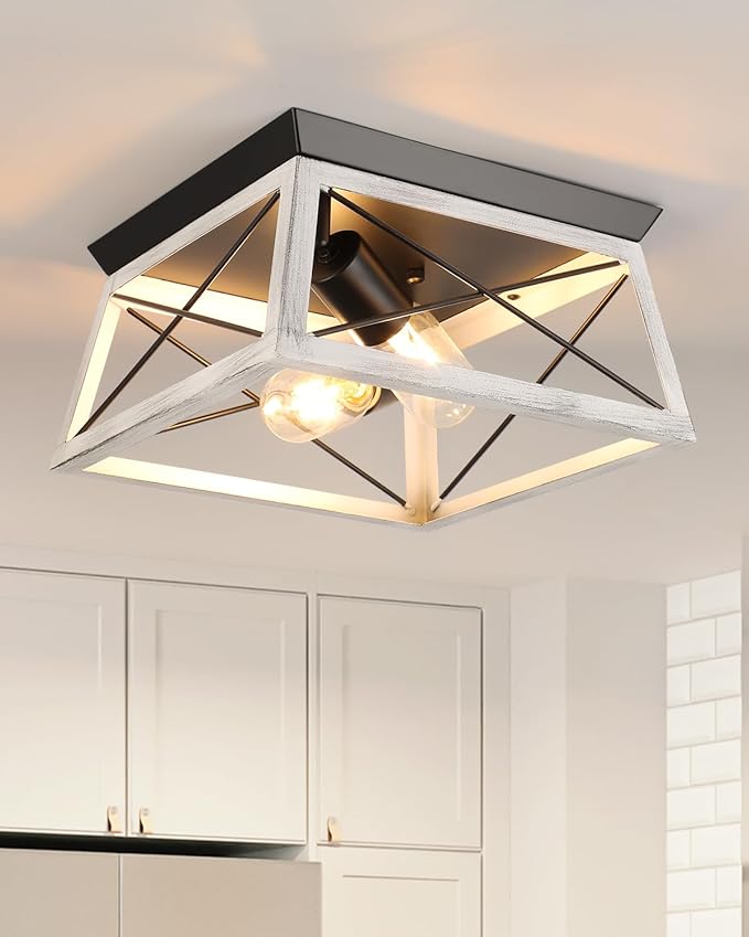 Farmhouse Flush Mount Ceiling Light Oak White Ceiling Light Fixtures 2-Light Industrial Vintage Metal-Framed Ceiling Lighting for Hallway Foyer Kitchen Dining Room Bedroom Living Room Laundry