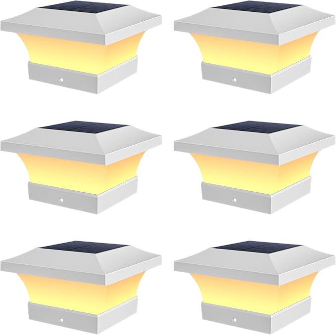 T-SUN Solar Post Cap Lights, Waterproof Outdoor Solar Powered Deck Fence Post Lights for 4 X 4 Wooden/Vinyl Posts, 3000K Warm White Lighting Decor for Deck, Patio, Garden, Porch, Fence(White - 6 Pack)