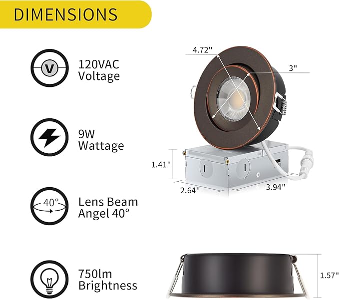KnLnny Ware Oil Rubbed Bronze Recessed Lighting 4 Inch with Night Light 6 Pack,Gimbal Led Lights with Junction Box,5CCT Selectable,9W 750LM,Dimmable