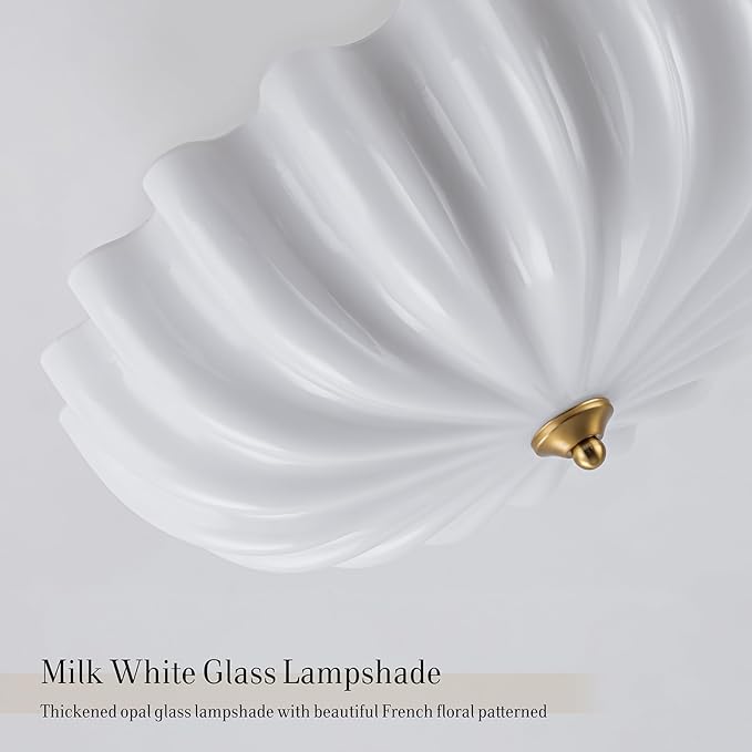 Gold Flush Mount Ceiling Light, 3-Light Hallway Light Fixtures, 15.7'' Vintage Brushed Brass Glass Ceiling Lights with Milky Glass Flower Shade for Entryway Dining Living Room Foyer
