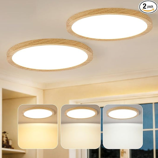 Kimjo 2 Pack 12 Inch 24W Modern Flush Mount Ceiling Light, 3 Color Temperature Wood Grain Flat Ceiling Light Fixture Led Lights for Bedroom Kitchen Bathroom Hallway