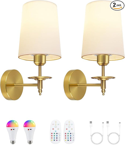 Battery Operated Wall Sconces Set of Two, Wireless Wall Sconces with Remote Control, 3CCT Dimmable Rechargeable Wall Lights, Gold Wall Lamps for Bedroom, Living Room, RGB Bulbs Included, ETL Listed