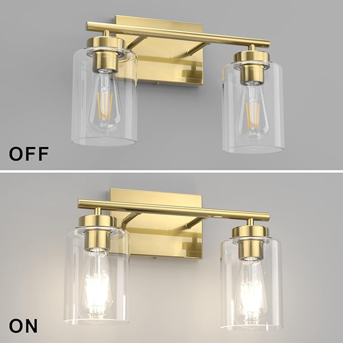 Aipsun Bathroom Light Fixtures,Brushed Brass Vanity Light Gold Wall Sconces Lighting Modern Bath Wall Mounted Lights with Glass Shade, Gold Wall Sconce for Bathroom(Exclude Bulb)