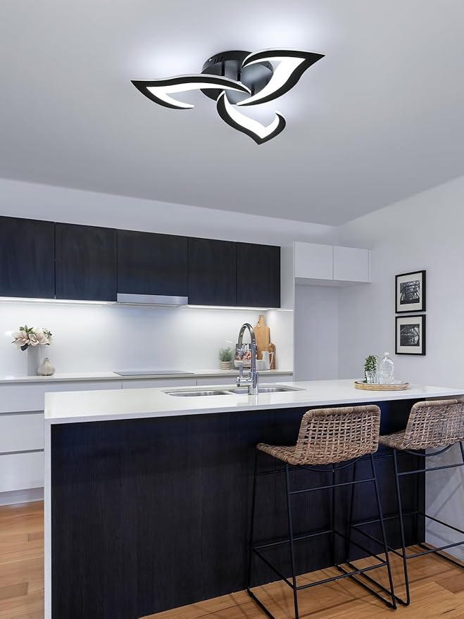 Goeco Modern Ceiling Light, Dimmable Black Acrylic Ceiling Light with Remote Control (3000K-6500K), 3-Head Flower Shape LED Ceiling Lamp for Living Room, Bedroom, Dining Room, Kitchen