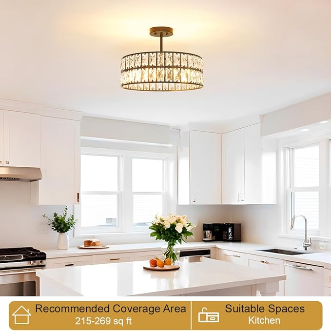 Crystal Ceiling Light Fixture, Modern Matte Black Ceiling Light Chandelier, Semi Flush Mount Chandelier Lighting Fixture for Kitchen Entryway Living Room Dining Room, 5-Light, 16 Inch