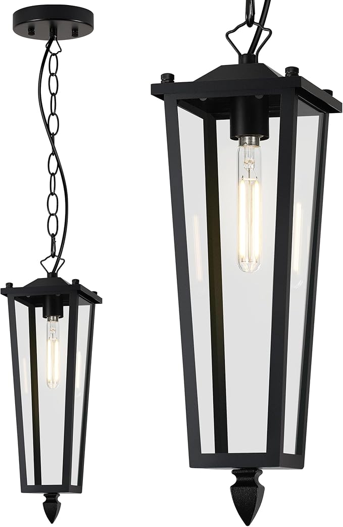 Outdoor Pendant Lights for Porch, 16" Black Outdoor Pendant Light with Clear Glass, Modern Hanging Porch Lighting Fixtures with Adjustable Chain for Gazebo Foyer, OS-OD2615-1HM