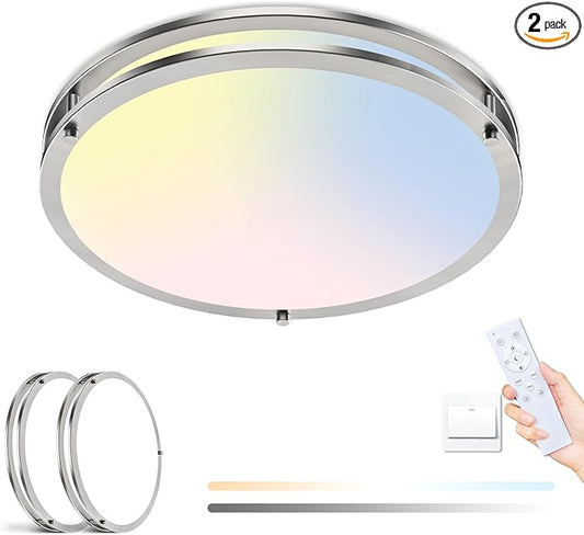 libtit 2Pack 16Inch Flush Mount Ceiling Lights with Remote, 36W Dimmable LED Ceiling Light 3000K-6500K Adjustable, Large & Bright Brushed Nickel Light Fixture for Kitchen Bedroom LivingRoom
