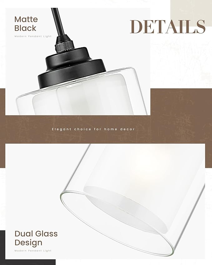 TENGXIN 3 Light Pendant Light,Matte Black Modern Pendant Light for Kitchen Island,Hanging Light with Dual Glass Shade,Farmhouse Pendant Lights for Dining Room,Bedroom,TXPLBK04