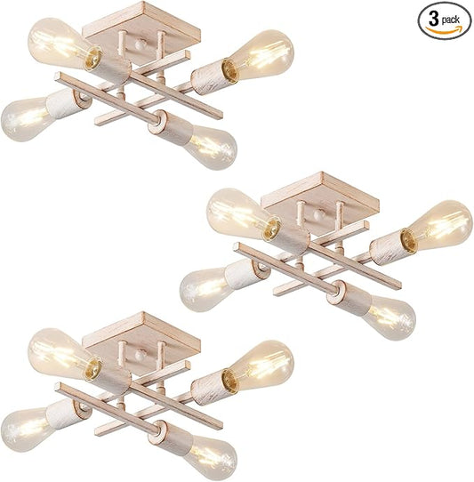 Industrial 4-Light Semi Flush Mount Ceiling Light Fixture, 3 Pack Modern White Gold Chandelier Lighting, Farmhouse Sputnik Ceiling Lamp, E26 Base Pendant Lamps