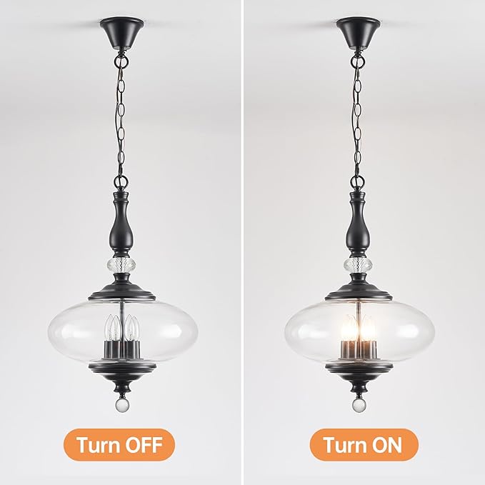 Farmhouse Black Pendant Light 5-Light Clear Glass Chandelier with Adjustable Chain W 15.74 in Kitchen Island for Dining Room
