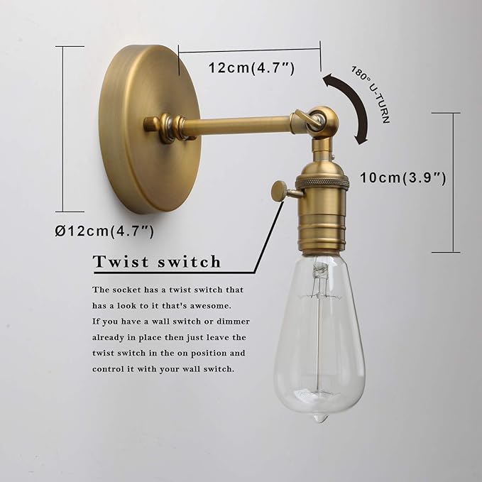 PERMO Industrial Mini Single Sconce Adjustable Simple Metal Wall Sconces Wall Mount Light Fixture, Hardwired, E26 Base, Gold