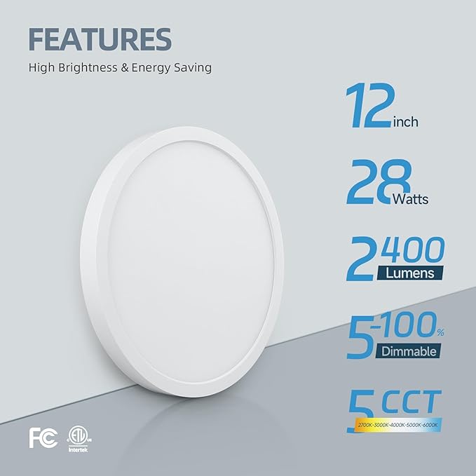 ECOELER 12inch LED Flush Mount Ceiling Light, 5CCT Selectable Round Flat Panel Light, 28W 2400Lm, Dimmable Surface Mount Lighting Fixture for Kitchen, Hallway, Laundry, ETL Listed, 2 Pack
