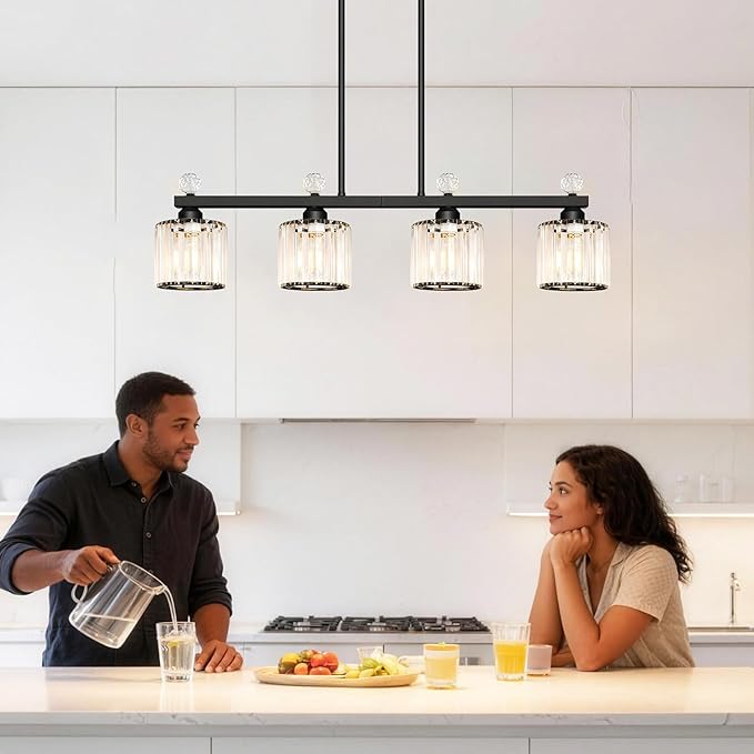 Lxybcce 32" Crystal Island Light for Kitchen Over Table, 4-Light Black Linear Pendant Light for Dining Room, Modern Ceiling Hanging Chandelier with Adjustable Height & Clear Crystal Shades, E26 Base