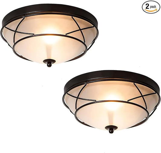 12" Black Classic Dome Flush Mount Ceiling Lights Set of 2, Frosted Glass 2-Light Bronze Lighting Fixtures, Farmhouse Rustic Ceiling Lamps for Living Room Kitchen Bedroom Hallway Staircase