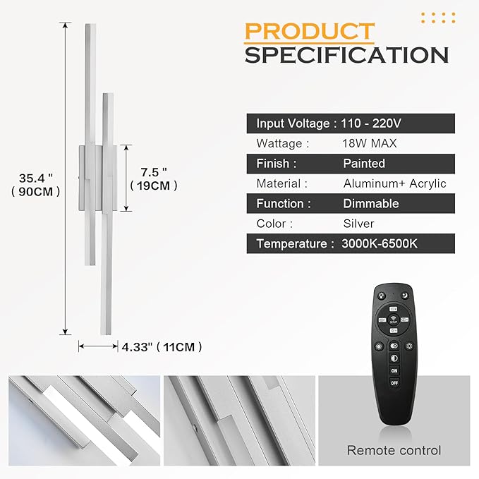 Benkut Modern LED Wall Sconce Silver Remote Wall Light Fixtures for Bathroom, Dimmable Vanity Light Indoor LED Remote Wall Sconce for Living Dining Room Bedside Bedroom(3000-6500K 35.4inch)