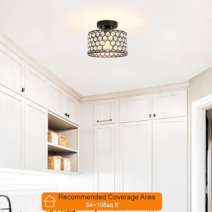 Black Crystal Ceiling Light Fixture - Modern Semi Flush Mount Ceiling Chandelier Lighting for Hallway, Kitchen & Foyer | Dazzling Prism Chandelier with Easy Installation,1 Light, 9 in