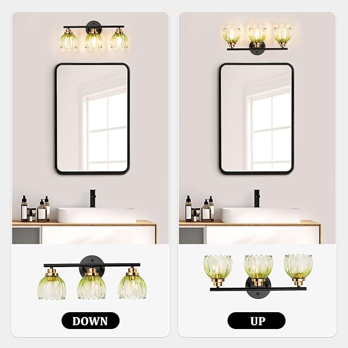 TALOYA Bathroom Vanity Light Fixtures, 3-Light Modern Black and Gold Wall Lights Over Mirror with Gradient Green Tulip Glass Shades Bathroom Wall Lamp for Mirror, Living Room,Hallway, Cabinet Porch