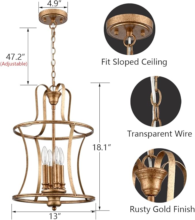 Modern Lantern Pendant Light 4-Light Lantern Chandelier Lighting, Rusty Gold Pendant Lights Kitchen Island Hanging Light Fixtures for Dining Room Hallway Living Room