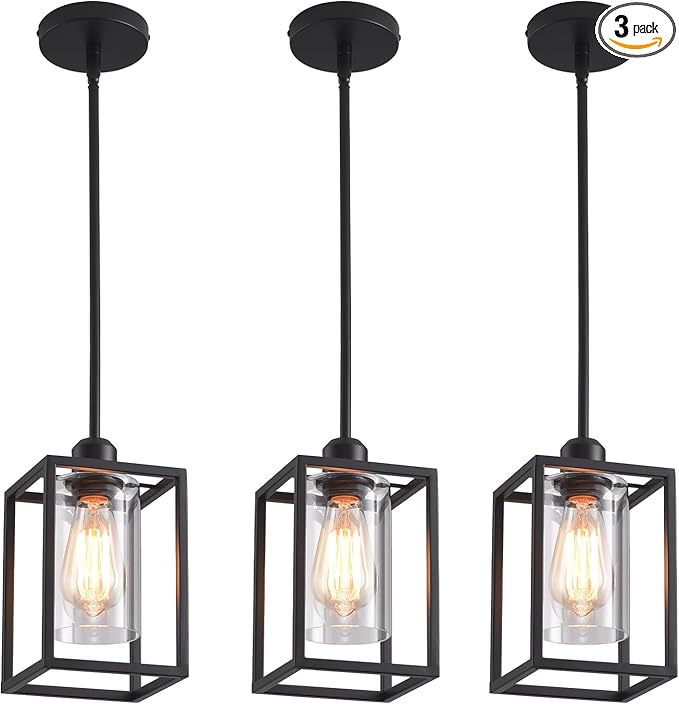 3 Pack Stem Rod Black Pendant Lights for Kitchen Island Industrial Lantern Pendant Light Fixtures with Clear Glass Shade, Farmhouse Adjustable Height Hanging Pendant Lighting
