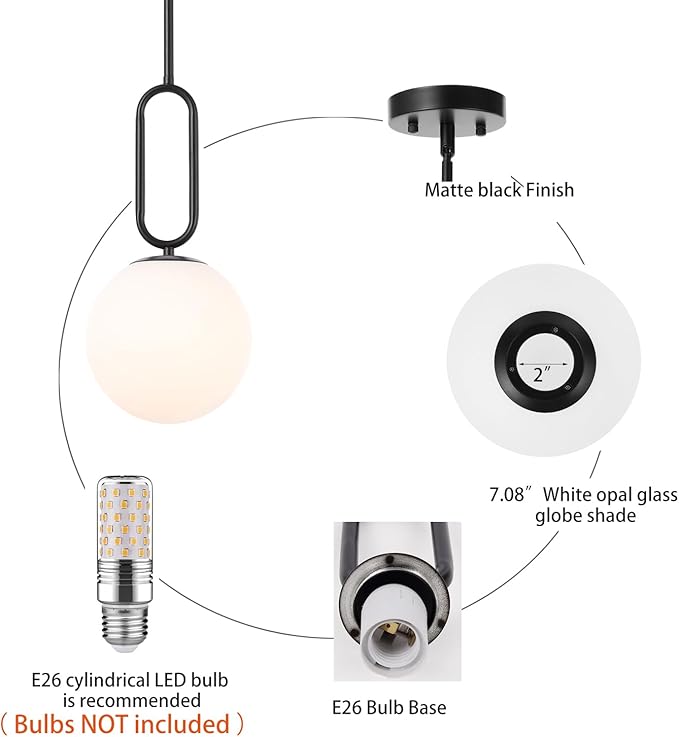 Modern Black Globe Pendant Light Milky White Globe Glass Shade Adjustable Rods Hanging Ceiling Light Fixtures for Kitchen Island Living Room