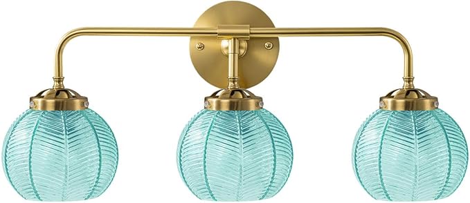 Gold Bathroom Lights Over Mirror, 3 Light Vintage Wall sconces with Blue Glass Shade Bathroom Vanity Lights mid Century Wall Sconce Light Glass Wall Lighting Fixture for Bedside Bedroom Doorway