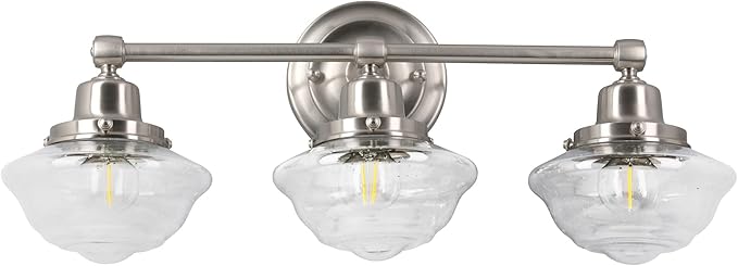 Design House Vintage-Inspired Schoolhouse 3-Light Dimmable Vanity Light, 23.125 in x 7.625 in x 9.5 in, Satin Nickel, Clear Seeded Glass Shades, 589143-SN