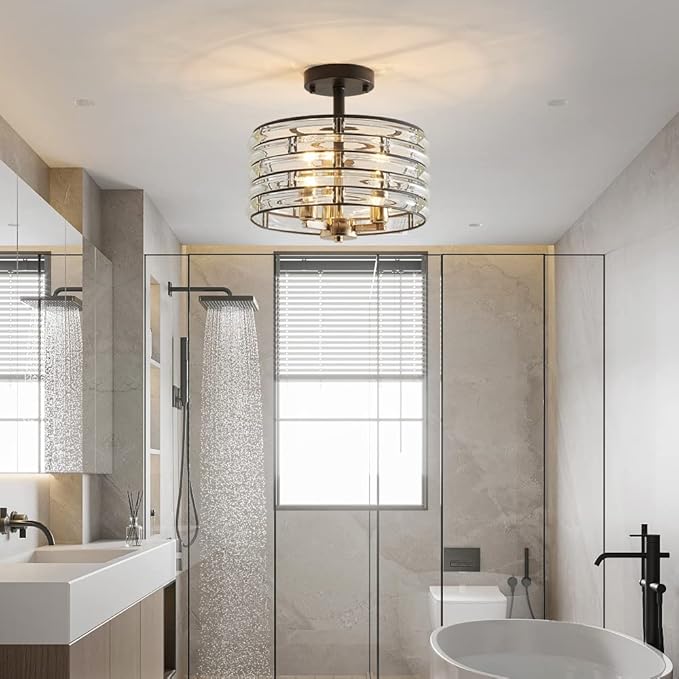AGV LIGHTING CH015BB Crystal Semi Flush Mount Ceiling Light Fixture, E12 Base 3-Lights, D12 x H 9", Crystal Lamp Shade, Light Gold & Matte Black Finish