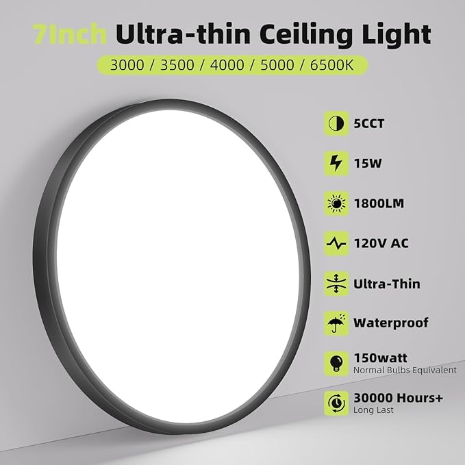 4PACK Flush Mount LED Ceiling Light Fixtures 5 Color Temperatures in One &100W Equivalent Flat Bathroom Ceiling Light,7Inch 15W Thin Round Black Surface Flushmount Fixture for Closet,Bedroom,Kitchen
