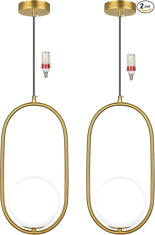 lobolighting Pendant Light Fixtures, 2 Pack Modern Gold Pendant Lighting Adjustable Height Mid Century Chandelier, Frosted Glass Globe Single Hanging Light for Kitchen Island Dining Room Bedroom