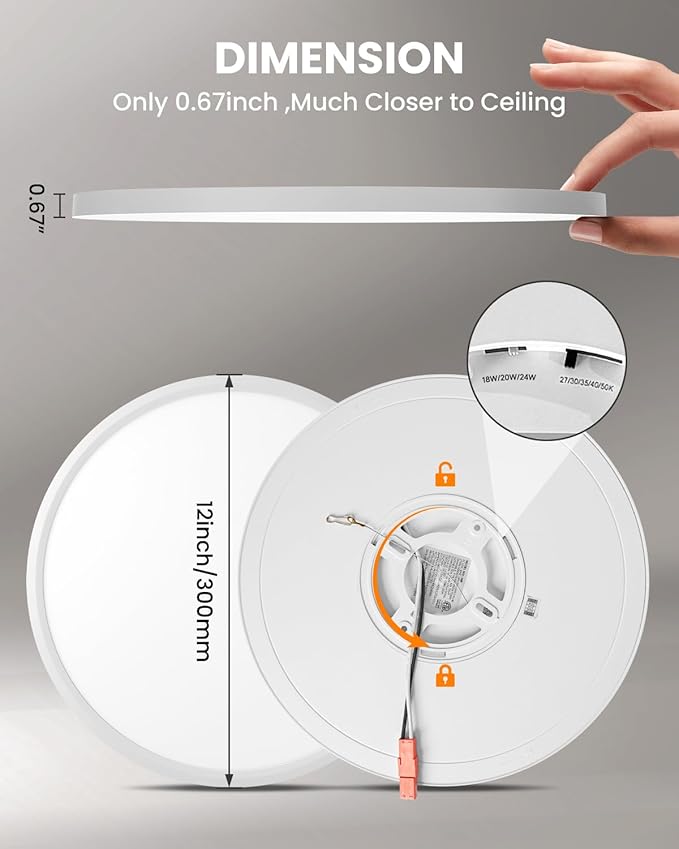 12-Inch Flush Mount Ceiling Light, Dimmable 2700K/3000K/3500K/4000K/5000K Selectable, 0.67in Super Slim 24W 2800LM Light Fixtures for Living Room, Kitchen, 12 Inch 1Pack White